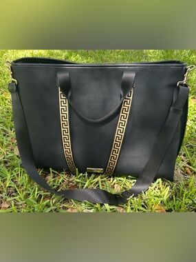 Versace Fragrance Black Tote with Gold Greek Key Straps and Accent Bag New